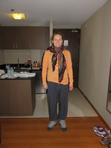 Katja is dressed up for the movies. It's cold there