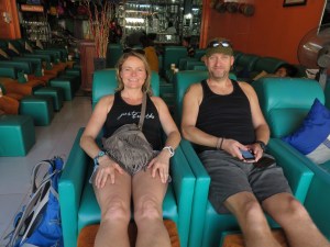 Getting a foot rub-down and a massage