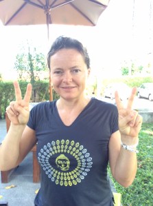 Katja happy with one of her new t-shirts from yesterday