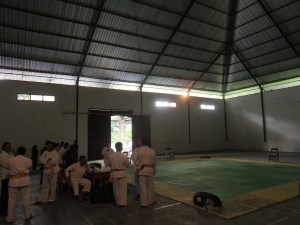 The Mat. Not easy to see, but there's a circle on the mat that defines the legal area. Step outside the circle and you get punished. 